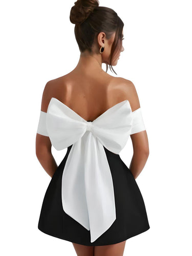 Back Big Bow Black and White Dress Fashion Off Shoulder High Waist Sleeveless Backless Mini Dresses Autumn New Party Dresses, Drestiny, Mini Dresses, Off Shoulder, Sleeveless, Black and White casual Dresses, Black and white trendy dresses, Black and white mini dresses, black and white short dresses, Backless dresses, S, M, L, United States, Canada, Australia, New Zealand, United Kingdom, Black, White, 4, 6, 8, 10, shopdrestiny.com
